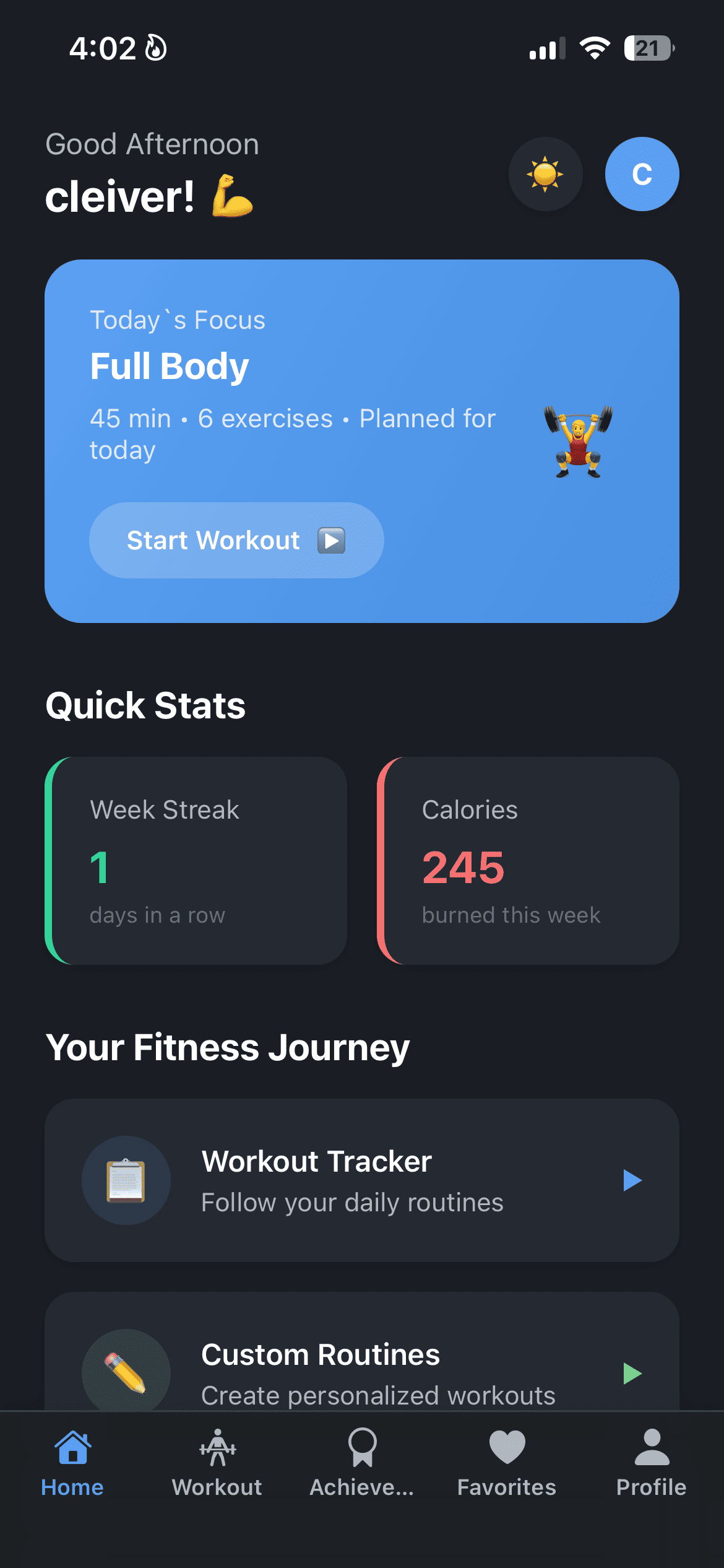StriveFit workout dashboard screenshot